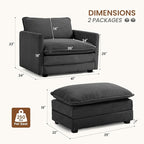ROWHY Single Armchair with Ottoman, Modern Corduroy Cloud Couch with Convertible Chaise, Upholstered Sofa Set for Living Room and Office, Dark Grey