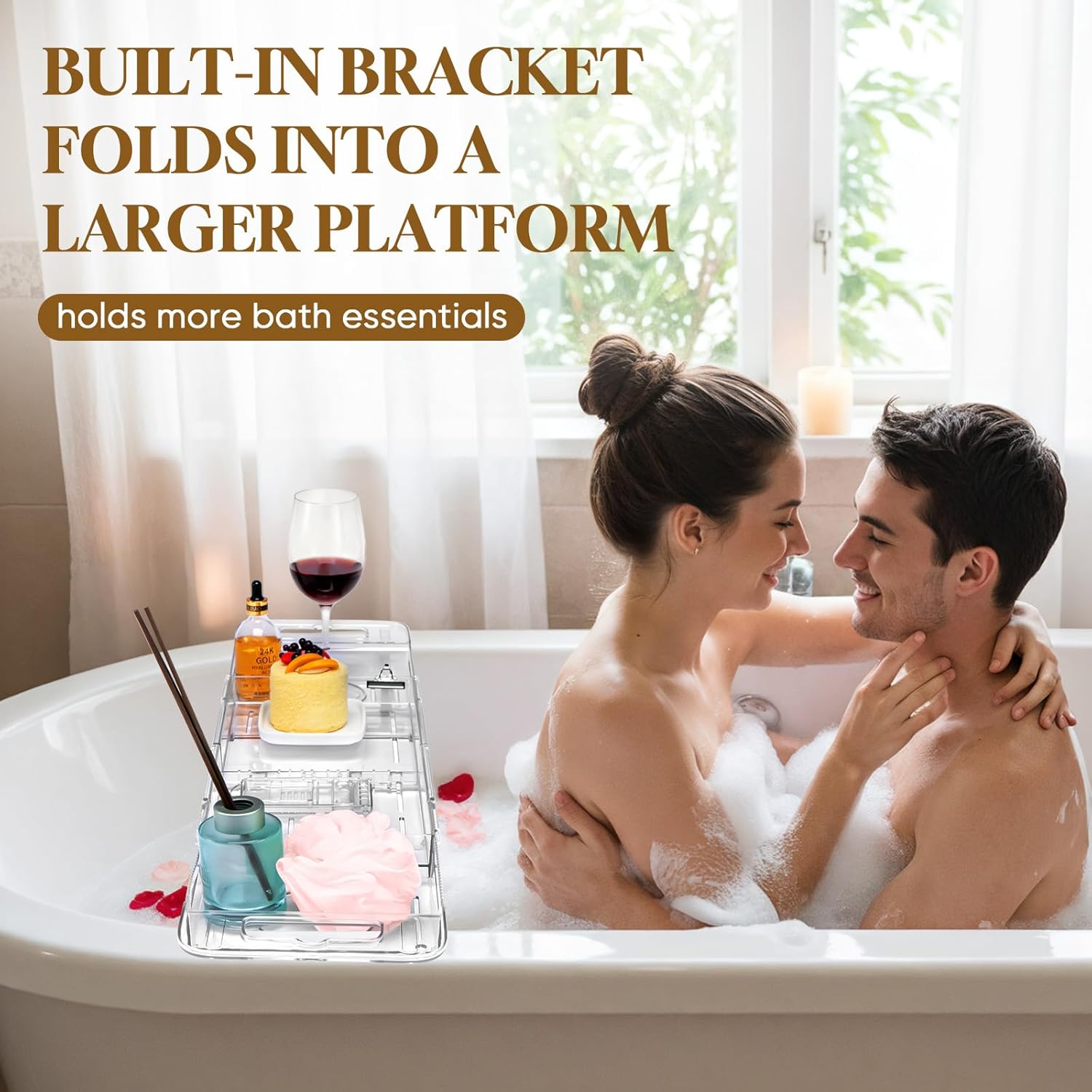 Expandable Clear Acrylic Bathtub Tray Caddy, Foldable Tub Bath Tray with Drain Slots, Slip-Resistant Waterproof Bathroom Organizer & Home Spa Gift for Women