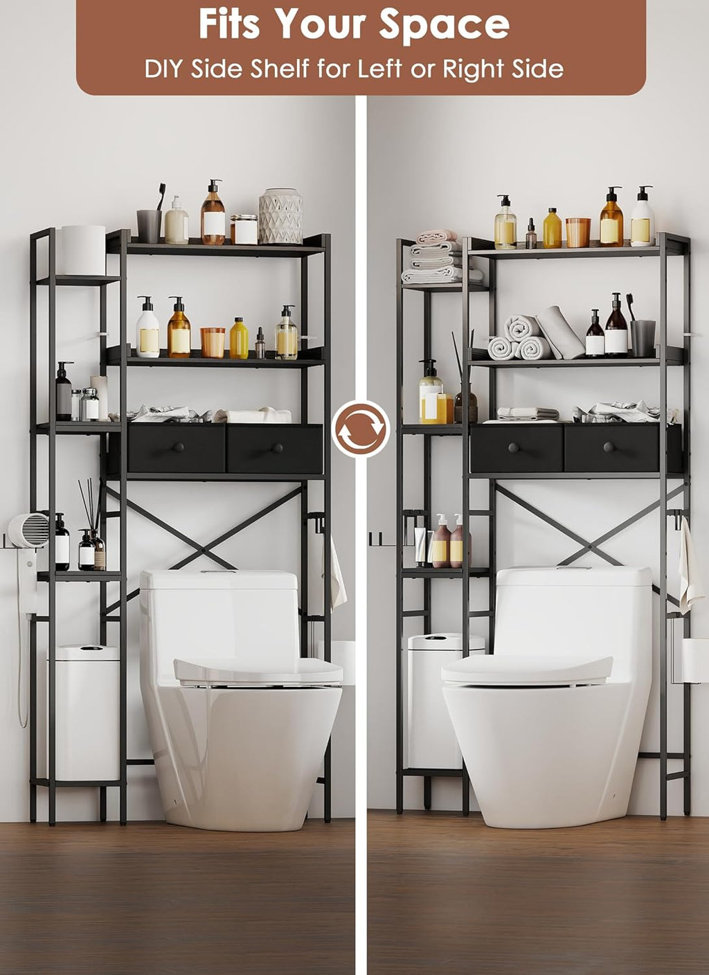 Over The Toilet Storage Rack, 7-Tier Over Toilet Bathroom Organizer with Adjustable Shelf, Above Toilet Storage Cabinet with Hooks, Space-Saving, Black Shelf
