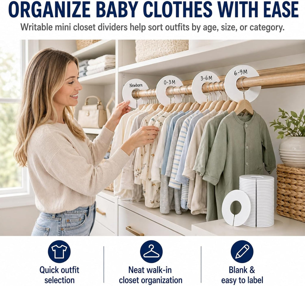 Sukh 30 Baby Closet Dividers Durable - Home Closet Organizer & Storage | White Plastic Rack Dividers, Large Hanger Labels, Hanging Clothes Size Dividers, for Boutique Settings & Nursery Essentials