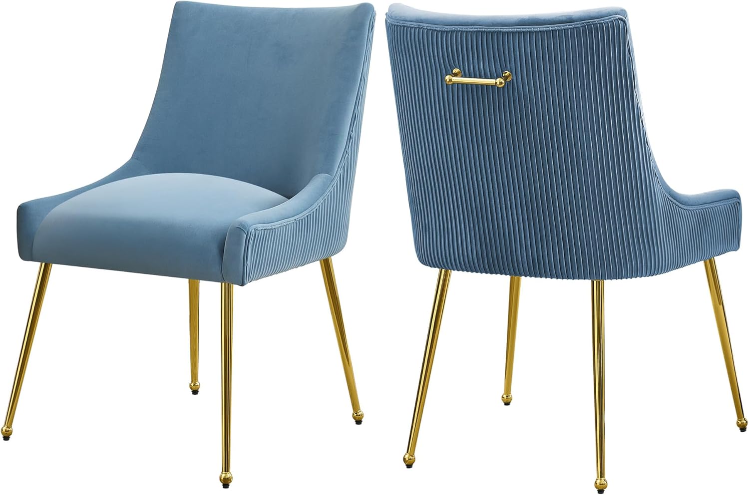 WUTUTUEE Velvet Dining Chairs Set of 2 Gold Legs,Upholstered Velvet Accent Chairs, Pleated Back Design & Gold Pull Handle, Mid Century Modern Chairs for Dining/Kitchen/Living Room,Light Blue