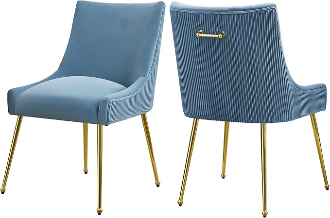 Velvet Dining Chairs Set of 2 Gold Legs,Upholstered Velvet Accent Chairs, Pleated Back Design & Gold Pull Handle, Mid Century Modern Chairs for Dining/Kitchen/Living Room,Light Blue