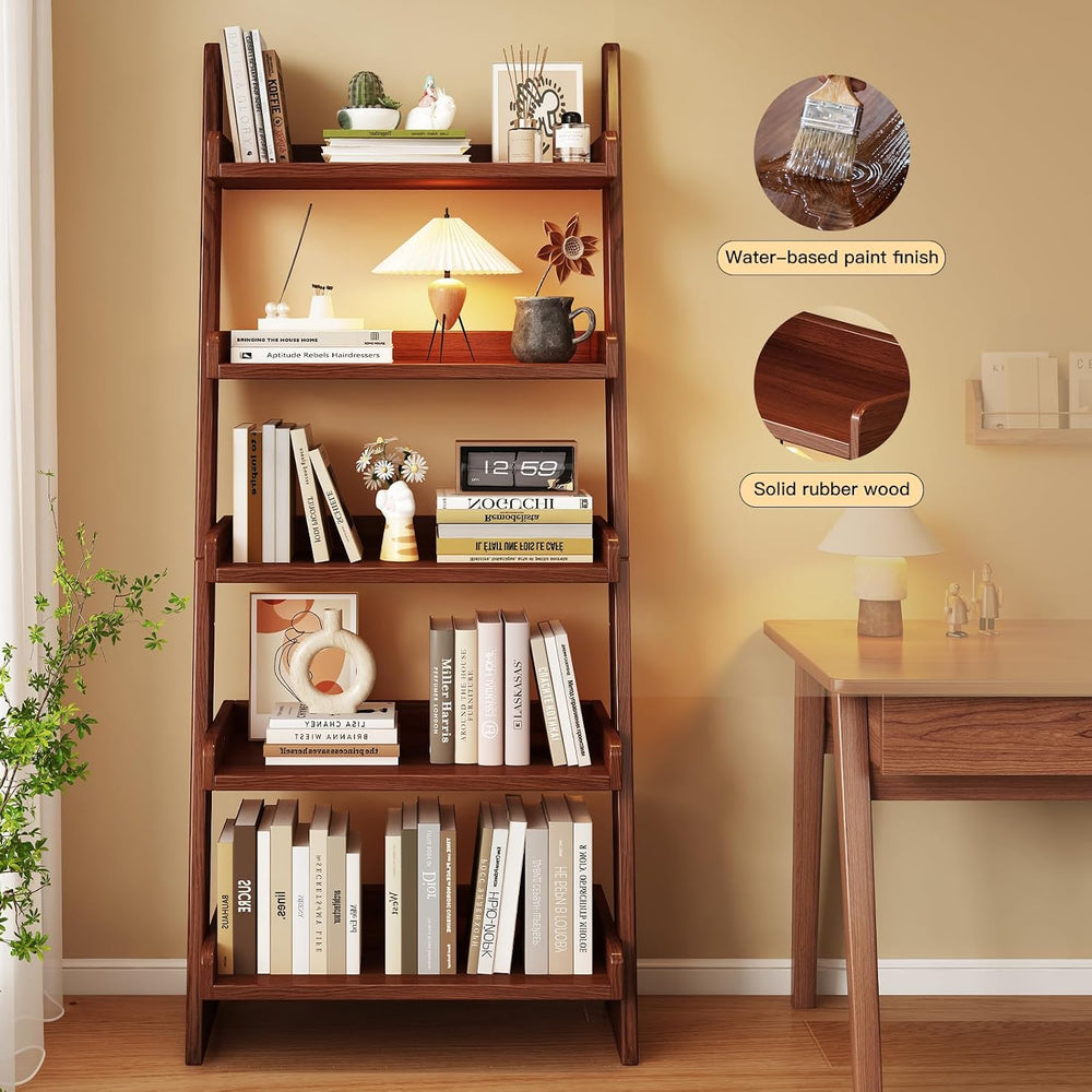 5 Tier Ladder Shelf, Ladder Bookshelf with Wood Frame