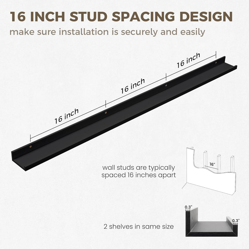 Axeman Black Floating Shelves - 55 Inch Picture Ledge Shelf Set of 2 - Black Wall Shelves with Lip - Picture Shelf for Wall with Ledge - Photo Ledges Nursery Bookshelf