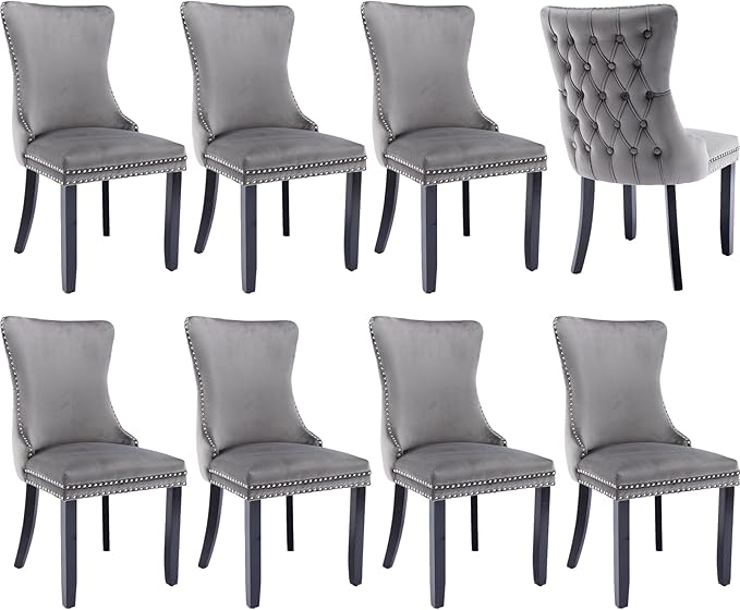Modern Dining Chairs Set of 8, Upholstered Dining Chair with Full Back and Button Tufting, Grey Velvet Accent Chair, Sillas de Comedor, Kitchen & Dining Room Chairs (Gray, Velvet, 8Pcs)