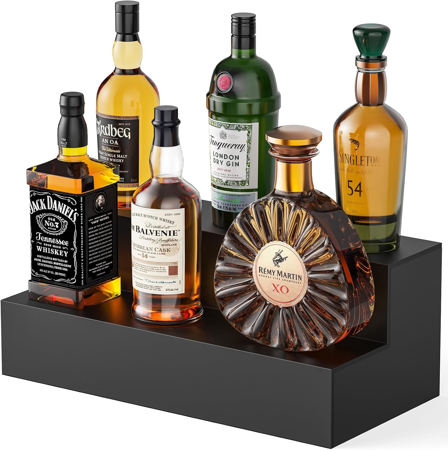 B4Life 2 Tier Liquor Bottle Display Shelf, Bar Bourbon Shelf for Whiskey, Wine Countertop Whiskey Rack Stand, Space-Saving Small Liquor Cabinet for Home, Bar, Party (Wood Bar Shelf Black-1)