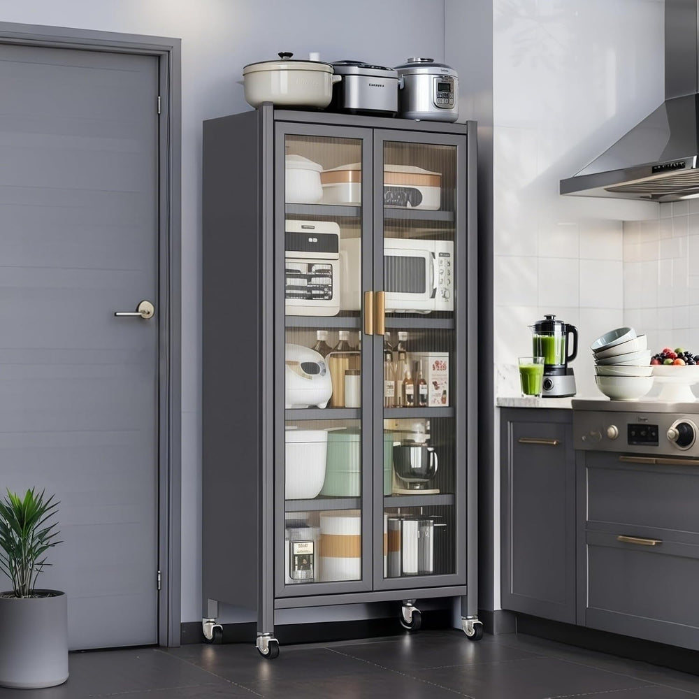 65" Kitchen Pantry Cabinet with Wheels & Adjustable Shelves, 6-Tier ...