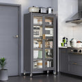 65" Kitchen Pantry Cabinet with Wheels & Adjustable Shelves, 6-Tier Metal Storage Cabinet with Transparent Doors for Kitchen, Dining Room, Living Room(Gray)