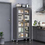 Freestanding Kitchen Pantry with 4 Shelves, Double Door with Gold Door Handle, Rectangular Metal Storage Cabinet, Modern Minimalist, for Living Room, Dining Room, Gray