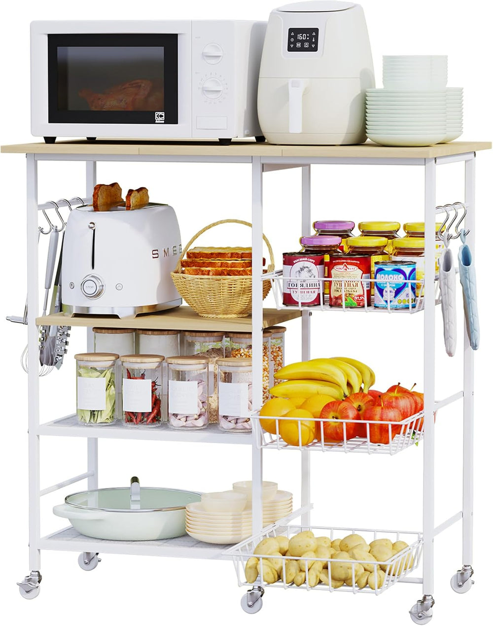 HapiRm Rolling Kitchen Microwave Cart - 4 Tier Microwave Table Stand with Pul...