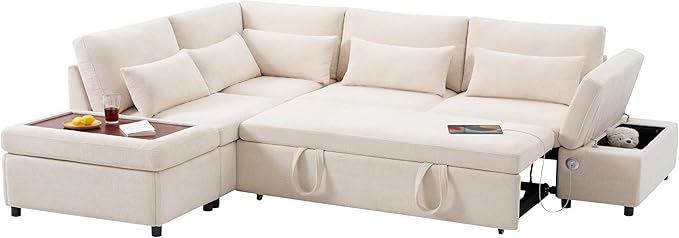 Ball & Cast Modular Convertible L-Shaped Sectional Sleeper Sofa Bed Pull Out Couch with Moveable Storage Ottoman,Oversized Chenille Pull-Out Sofa Bed W/Reclining Armrest&USB Port,for Living Room,Beige