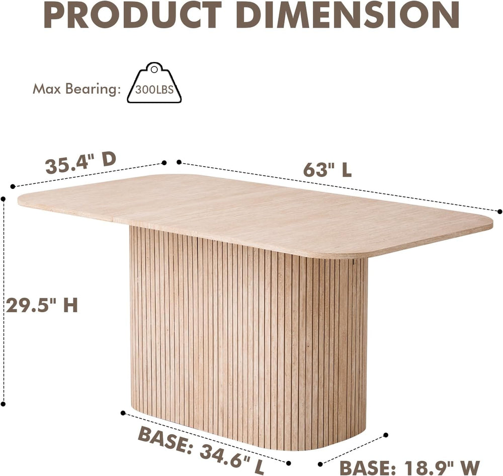 63" Large Dining Table for 4 6, [Rounded Corners] [Grooved Pedestal Base...