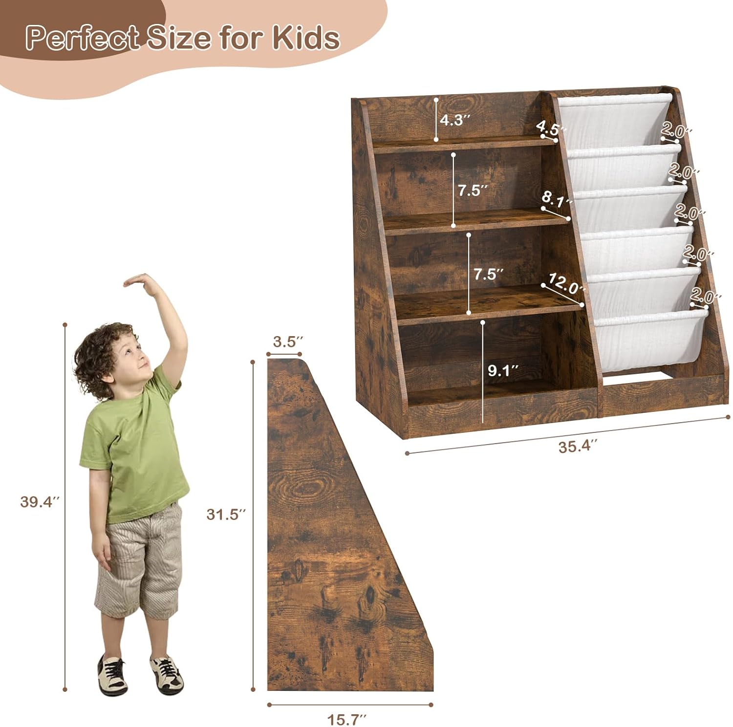 Kids Bookshelf for Bedroom Toddler Children Baby Bookcase 4-Tier for Nursery Book Toy Storage Organizer 5 Sling Book Display Shelf Book Rack Wood Classroom Playroom Rustic Brown