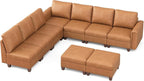 SITJOY 118" Faux Leather Modular Sectional Sofa with Storage, Mid Century Modern Sectional Couches for Living Room, Soft Padded Armrests, 9 Seat L Shaped Couch with Ottoman, Brown