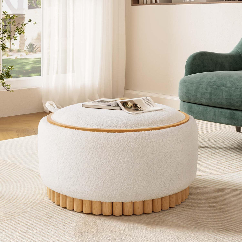 29" Boucle Upholstered Round Storage Ottoman with Solid Wood Legs, Moder...
