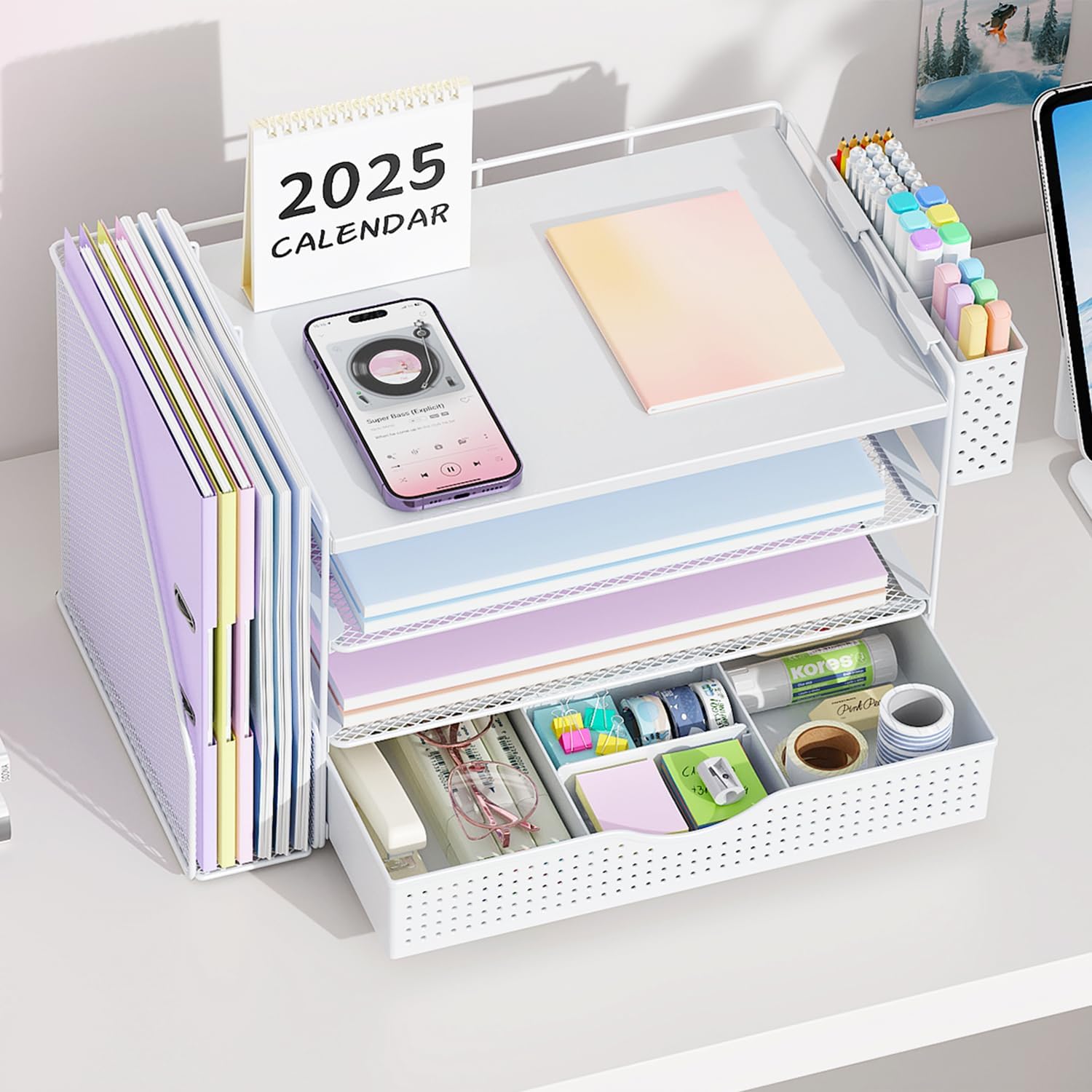gianotter Wood Desk Organizers and Accessories with File Holder, 4-Tier Desk Accessories & Workspace Organizers with Drawer and Pen Holder, Paper Organizer for Office Supplies (White)