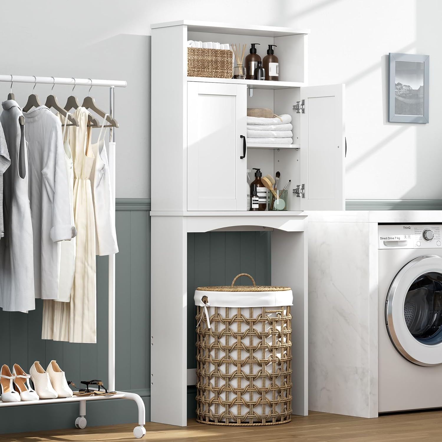 Over The Toilet Storage Cabinet, Over Toilet Storage Bathroom Organizer with Inner Adjustable Shelf and Top Open Storage Above The Toilet Storage Cabinet Behind Toilet Bathroom Cabinet, White