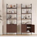 Halitaa Set of 2 Walnut & Black Ladder Shelf with Storage Cabinet, Modern Ladder Bookshelf with Doors, Wall Mount Bookcase with Metal Frame, Display Shelves for Living/Bed/Bathroom, Home Office