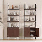 Halitaa Set of 2 Walnut & Black Ladder Shelf with Storage Cabinet, Modern Ladder Bookshelf with Doors, Wall Mount Bookcase with Metal Frame, Display Shelves for Living/Bed/Bathroom, Home Office
