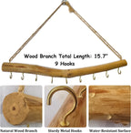 15.7-Inch Rustic Wood Wall Hanging Jewelry Organizer (Small Branch with 9 Metal Hooks)