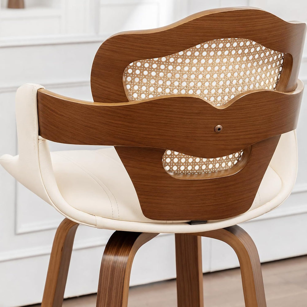 Mid-Century Modern Swivel Counter Stools with Supportive Rattan Back & Ar...