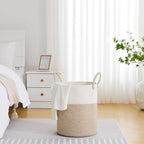 VIPOSCO Large Laundry Hamper, Tall Woven Rope Storage Basket for Blanket, Toys, Dirty Clothes in Living Room, Bathroom, Bedroom - 53L White & Brown