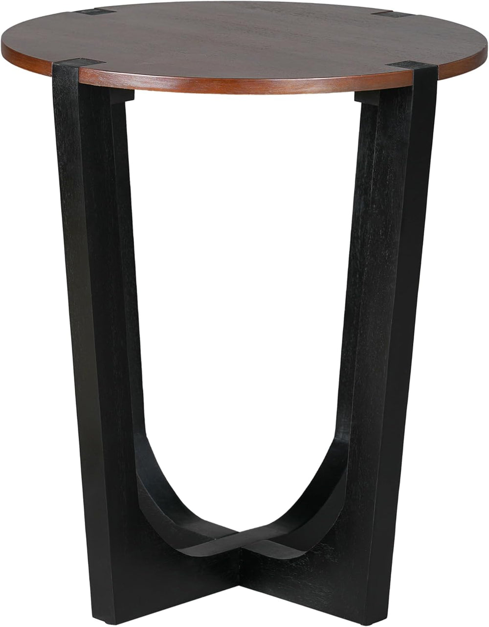 Round Wood Side End Table, Modern Industrial Accent Table with Curved Black M...
