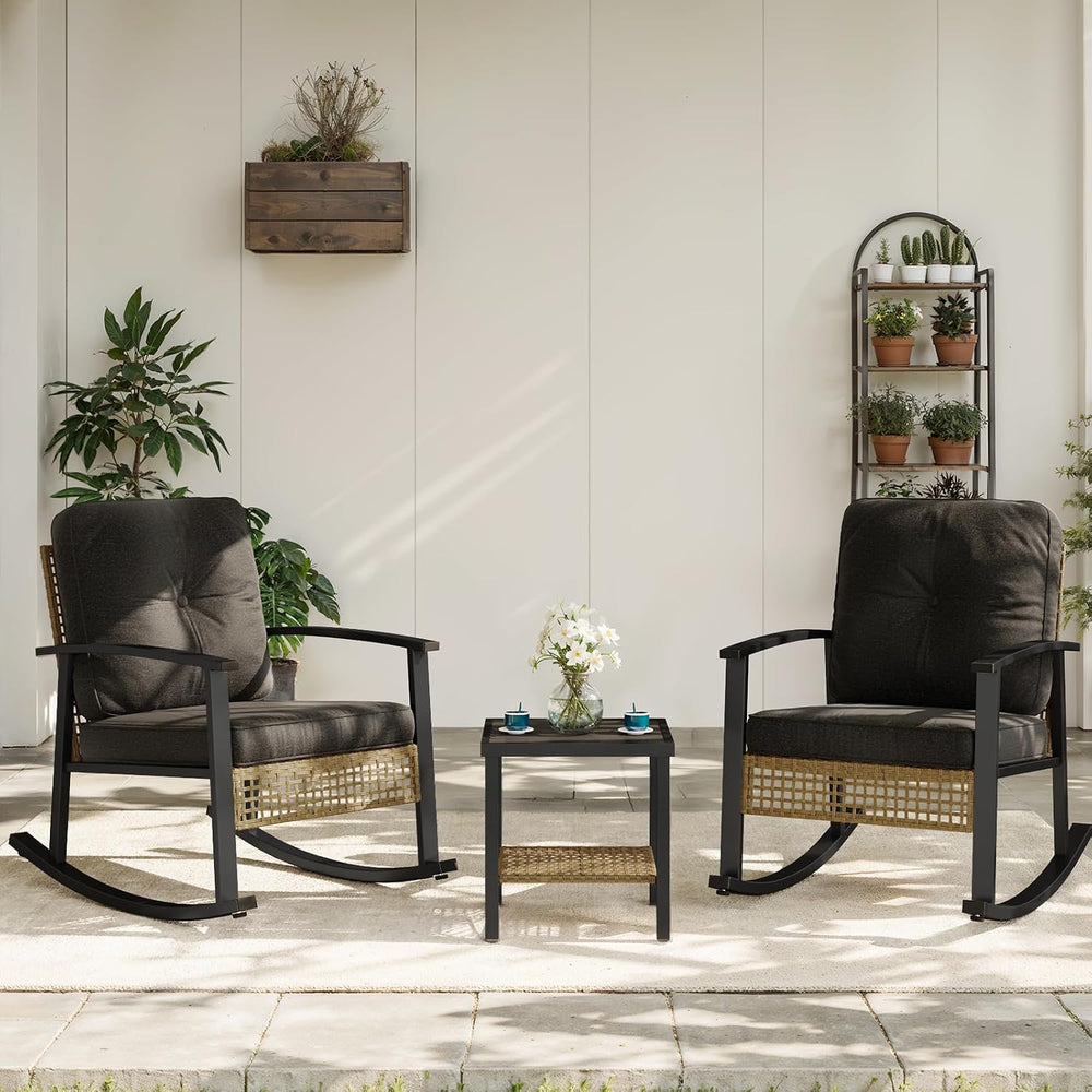 Aoxun 3 Piece Outdoor Rocking Chairs Bistro Set, Rattan Patio Furniture with ...