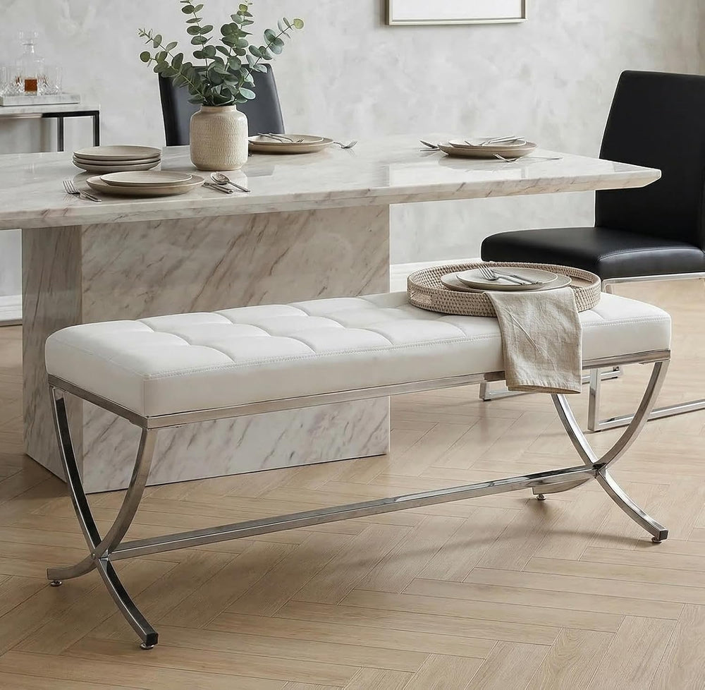 LukeAlon Modern PU Leather Dining Bench, White | Button Tufted Ottoman Bench,...