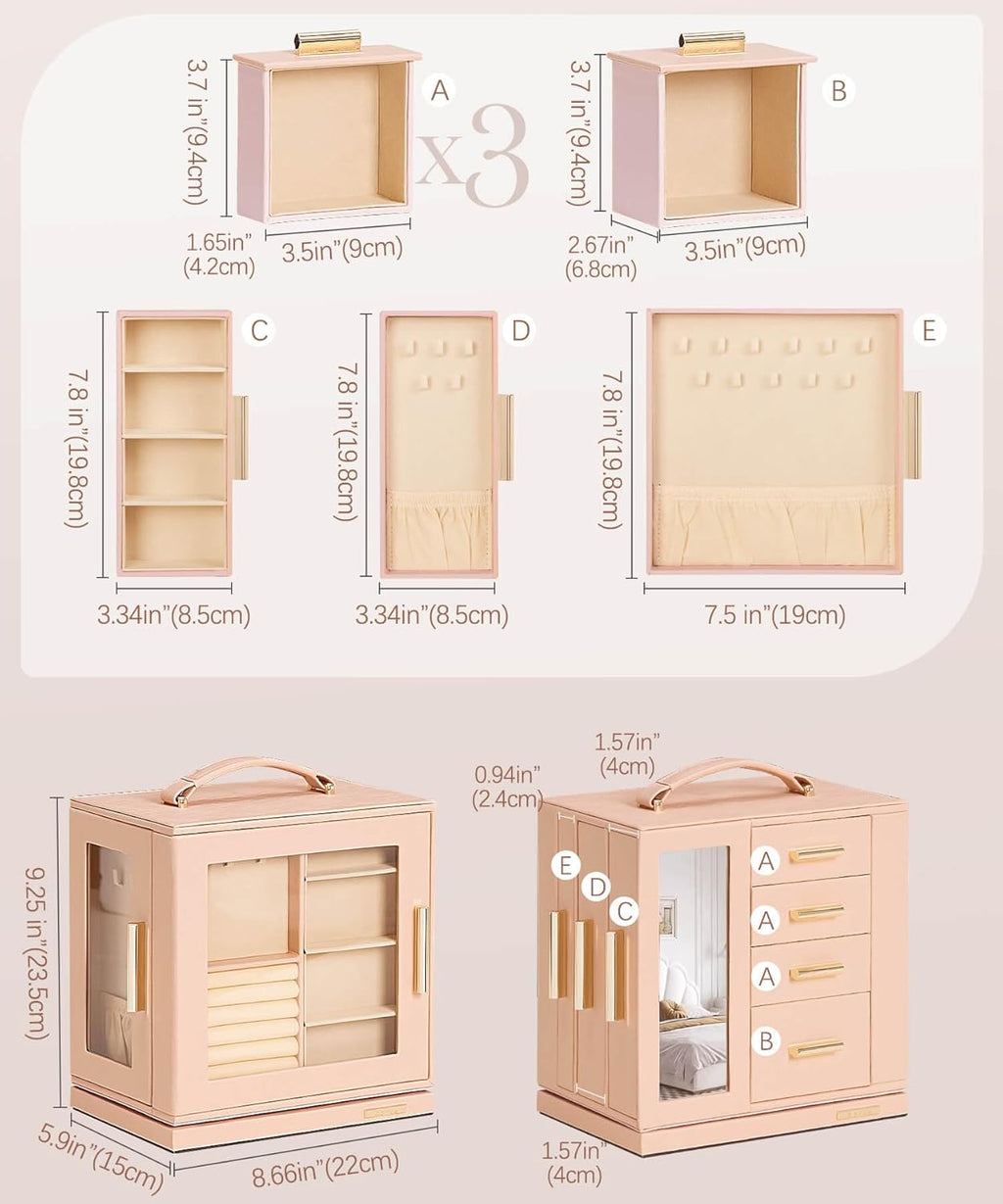 Homde Christmas Gifts Jewelry Box 360° Rotating, Necklace Earring Organizer with Transparent Window, Mirror, 7 Drawers, Large Ring Display Storage Case for Girls Women (Peach Pink)