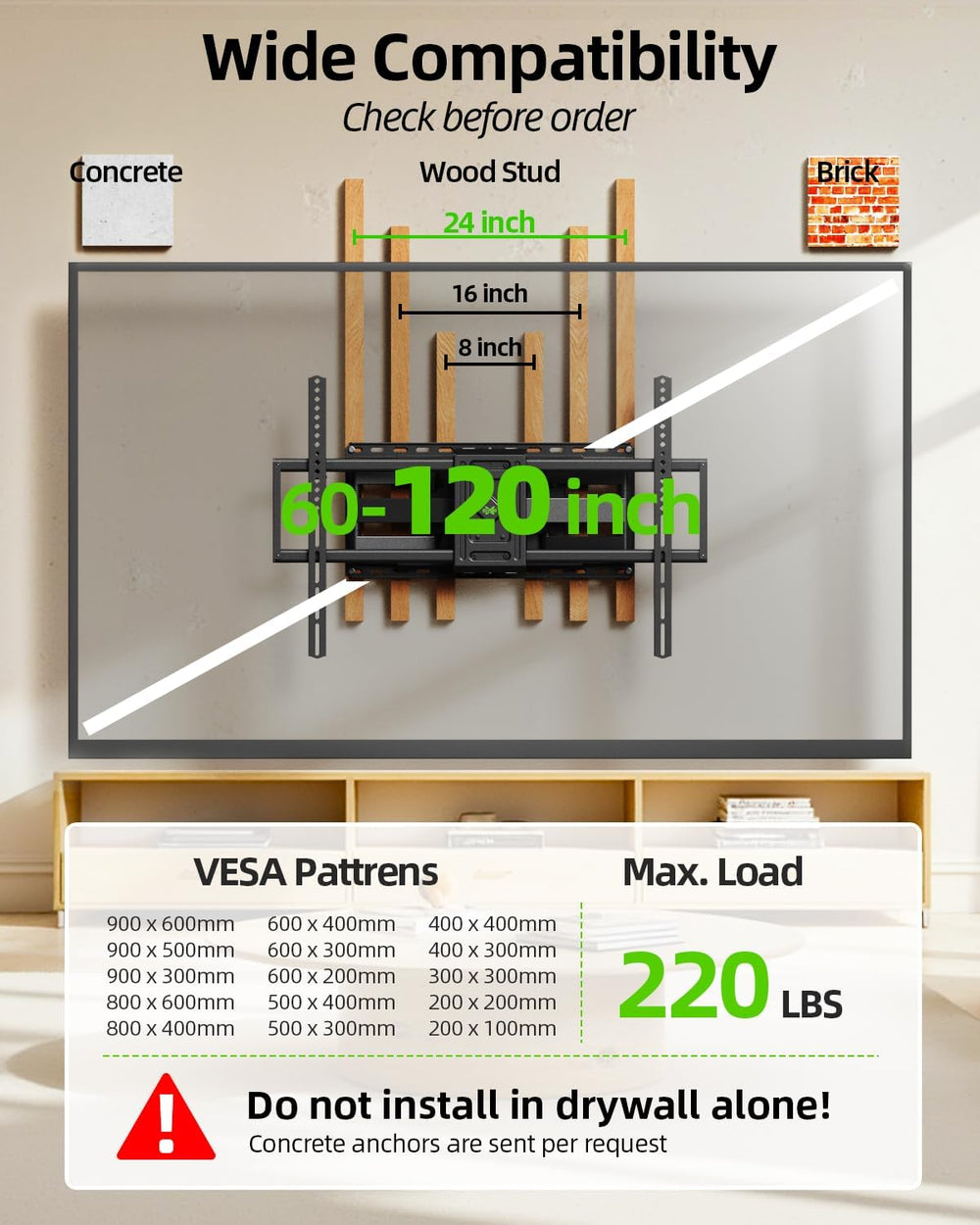 USX MOUNT Heavy Duty Full Motion TV Wall Mount for 60-120 Inch TVs, Holds 220...