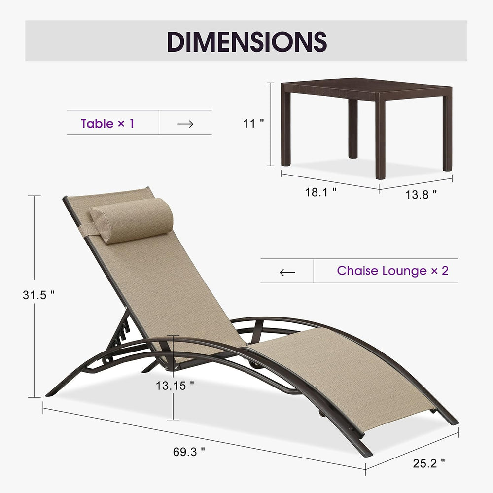 PURPLE LEAF Pool Chaise Lounge Set of 3 Bronze Aluminum Chair, Pebble Gray | ...