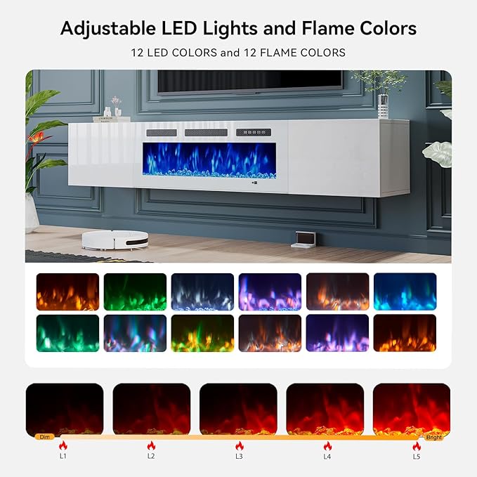 MXV 70'' Floating TV Stand, Modern Media Entertainment Center with 36" Electric Fireplace, TV Console Cabinet Wall Mounted, Adjustable 12-Color LED Lights, for Living Room, White + White