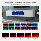 MXV 70'' Floating TV Stand, Modern Media Entertainment Center with 36" Electric Fireplace, TV Console Cabinet Wall Mounted, Adjustable 12-Color LED Lights, for Living Room, White + White