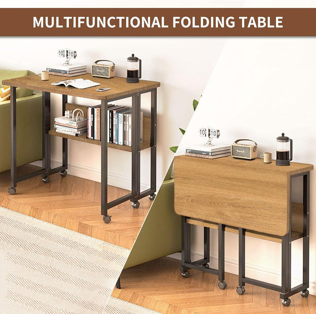 Mobile Foldable Desk w/ 6 Wheels,Portable Rolling Small Computer Desk w/Storage Shelves, Folding desks for Small Spaces, Computer Table for Home Office Bedroom Living Room-Brown