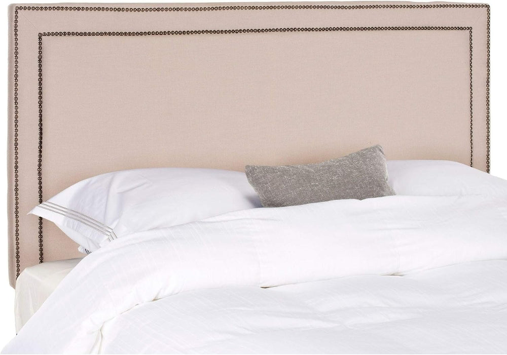 Taupe Linen Upholstered Headboard- Brass Nailhead (Full) Beige Traditional Tr...