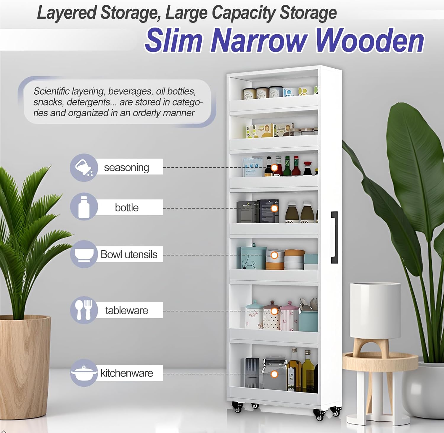 7-Tier Slim Storage Cart, Wooden Rolling Pantry Cabinet with Wheels, Narrow Shelf Organizer for Kitchen, Bakers Rack, Dining Room, Closet, Small Spaces Teak 73.2‘’H*5.9''W*19.6''D