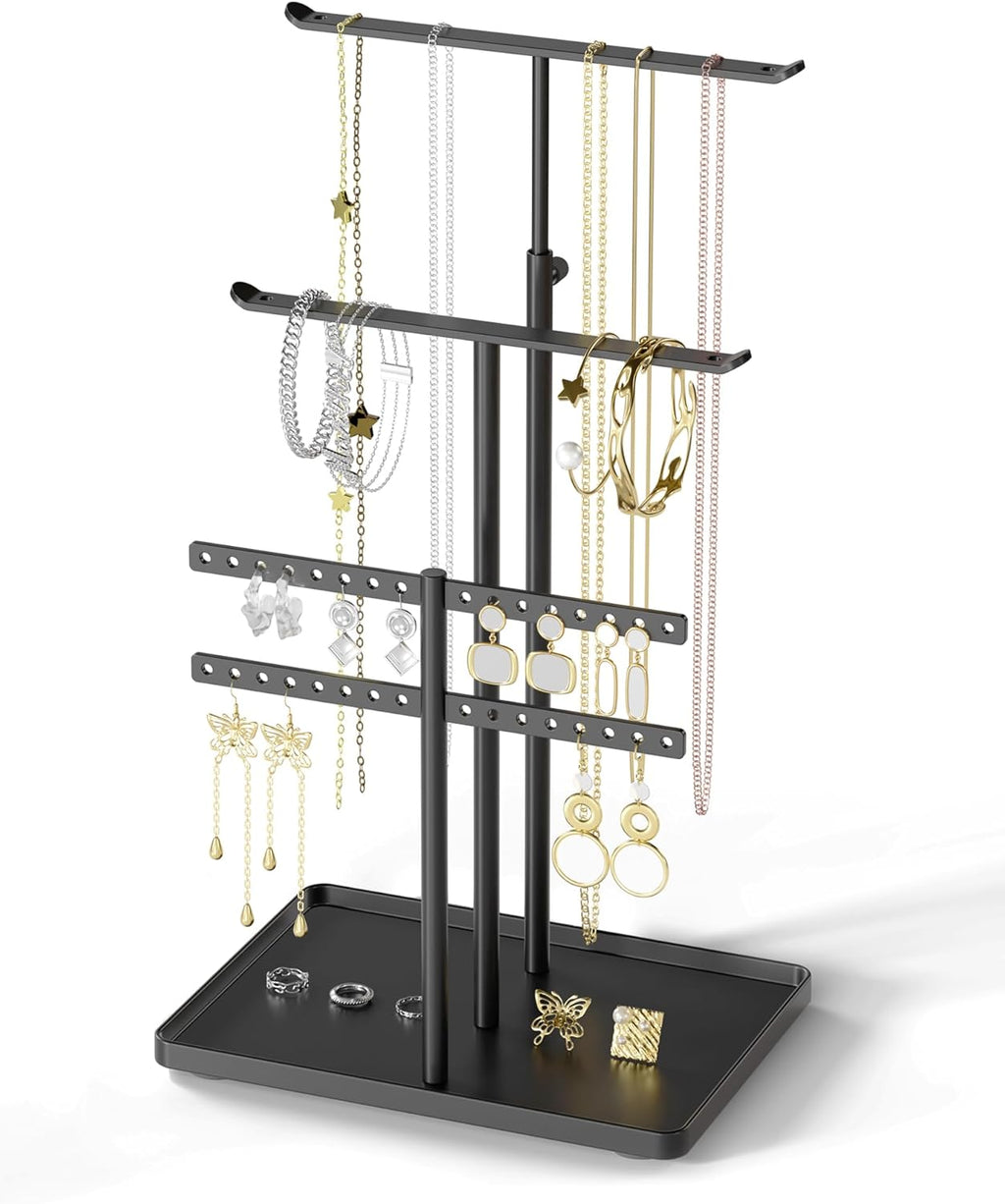 Jewelry Holder Organizer Stand - Adjustable Jewelry Tree 17.5" Height (Max), Jewlery Hanger for Necklaces, Bracelets, Earrings, Aesthetic for Storage and Display, Metal, Black