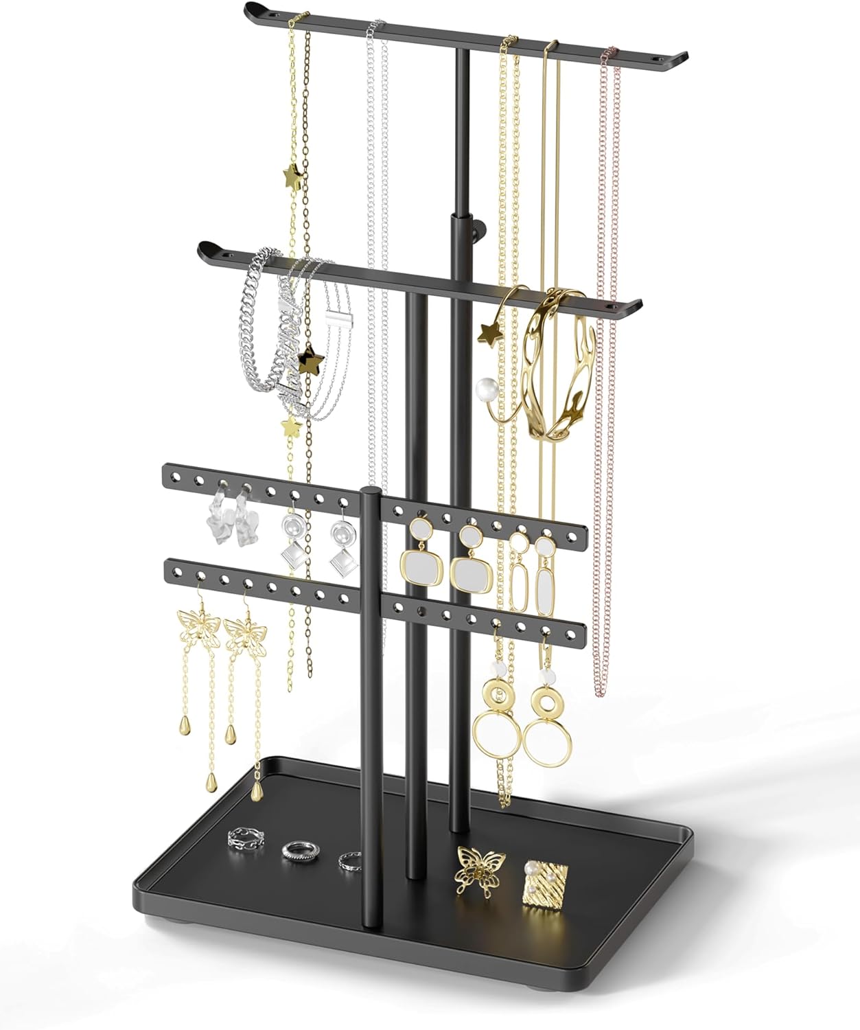 Jewelry Holder Organizer Stand - Adjustable Jewelry Tree 17.5" Height (Max), Jewlery Hanger for Necklaces, Bracelets, Earrings, Aesthetic for Storage and Display, Metal, Black