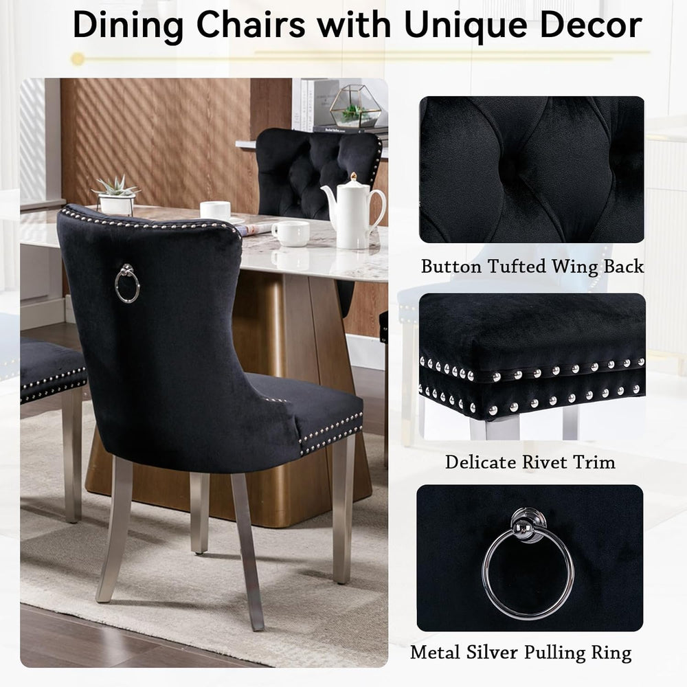 7 Piece Dining Table Set with Chairs, Faux Marble Dining Table and Black Chai...