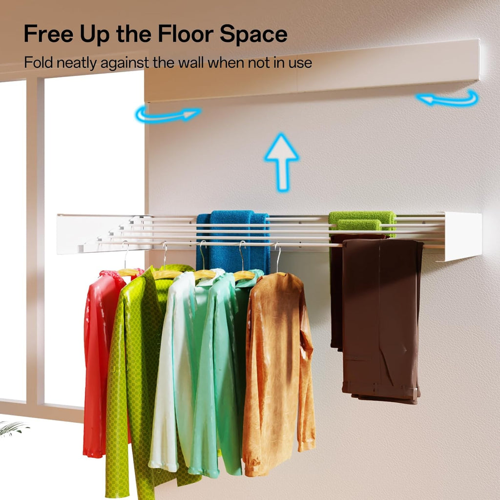 Wall Mounted Drying Rack for Laundry 40'', Folding Drying Rack Clothing Wall Mount with 5 Rods, Space Saving for Indoor Outdoor Bathroom Balcony (White, 40'')