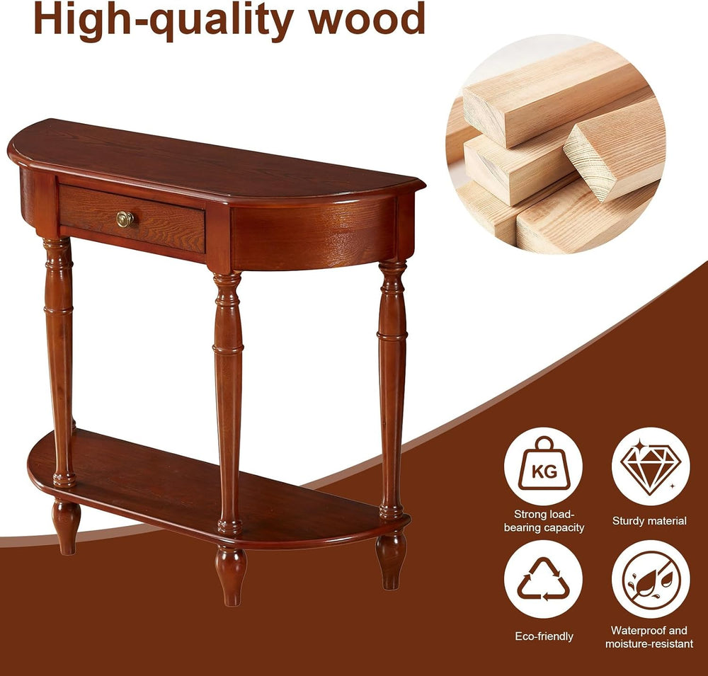 Half Moon Console Table, Solid Wood Console Tables with Drawer and Shelf, for...