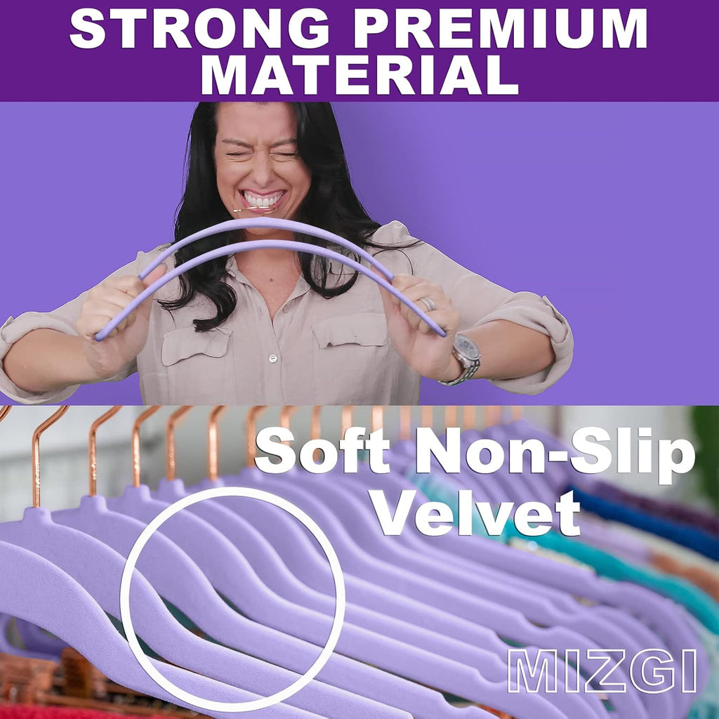 MIZGI Premium Velvet Hangers (60 Pack) Heavy Duty - Non Slip Felt Hangers - Velvet Suit Hanger Light Purple - Rose Gold Hooks,Space Saving Clothes Hanger
