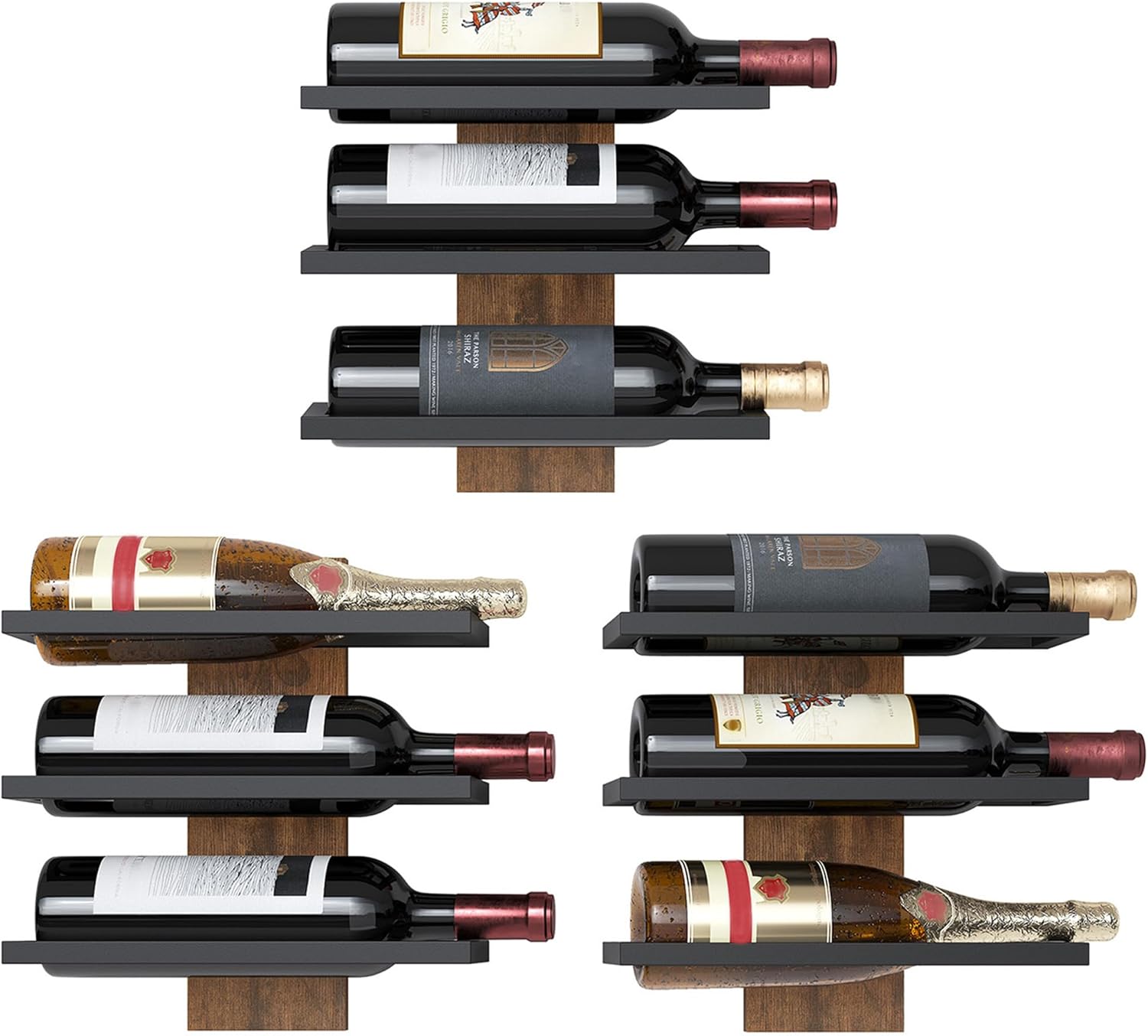 Hoctieon 3 Tier Wall Mount Wine Rack Set (9 Bottles), Wall Mounted Wine Bottle Rack for Display and Storage, Hanging Bottle Holder, for Living Room, Dining Room,Bar,Wine Cellar,Rustic Brown