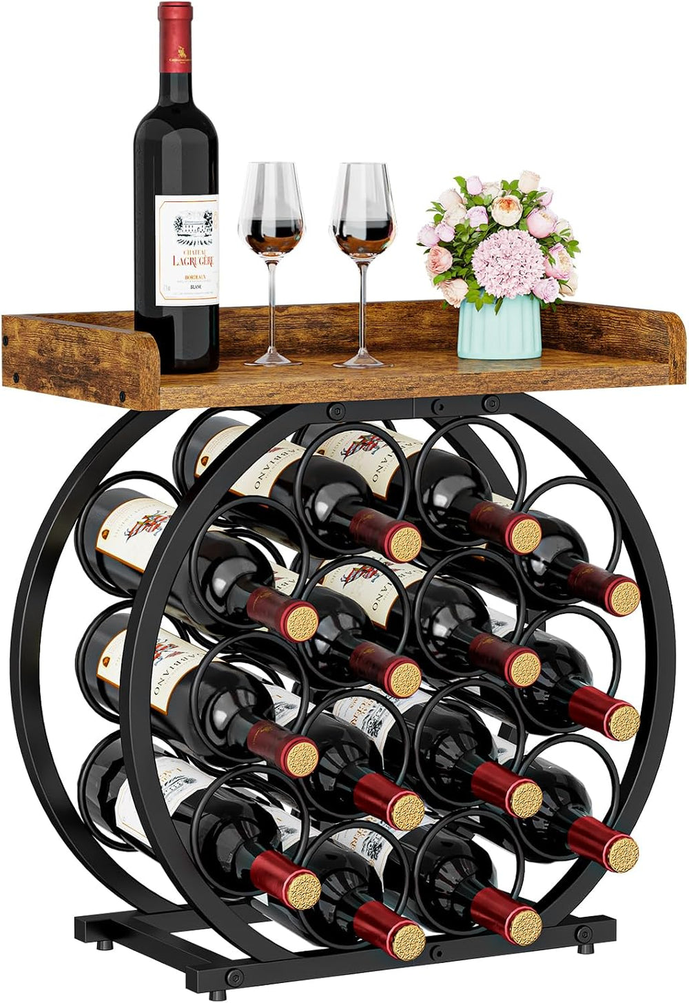 X-cosrack 14-Bottle Countertop Wine Rack with Wooden Tabletop, Freestanding R...
