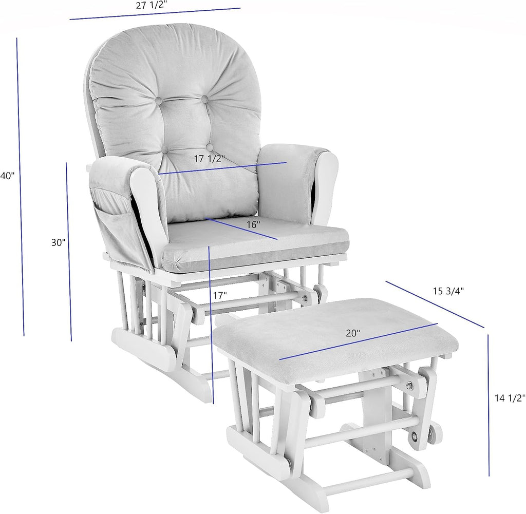Penau Rocking Chair Glider with Ottoman, Gray Fabric | Nursery Seating, Soft Quiet Gliding, Button Tufted Back Cushion, Side Storage Pocket, Traditional Style