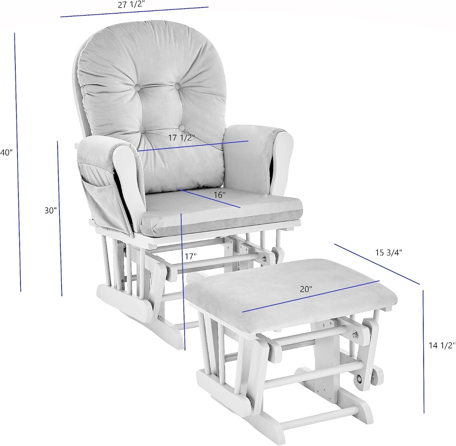 Penau Rocking Chair Glider with Ottoman, Gray Fabric | Nursery Seating, Soft Quiet Gliding, Button Tufted Back Cushion, Side Storage Pocket, Traditional Style