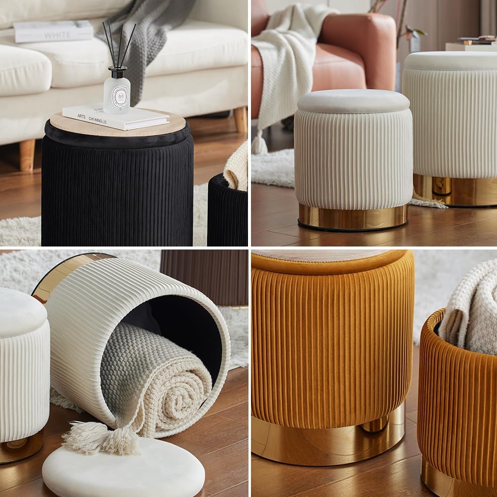 YYW HOME Round Ottoman with Storage Set of 2 Vanity Stool Foot Rest with Remo...