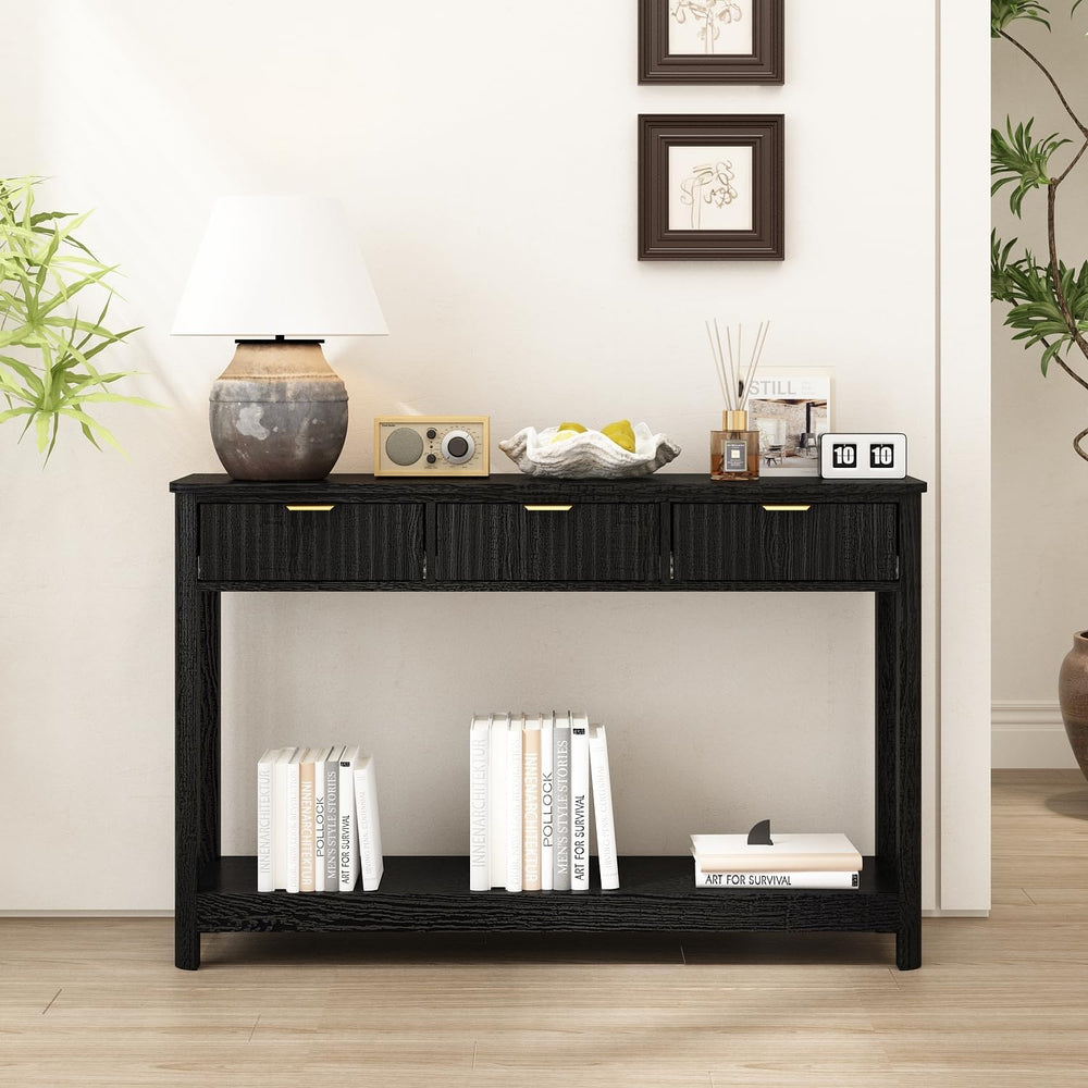 RUSTOWN Fluted Wood Console Table with 3 Drawers, Boho Narrow Behind Couch En...