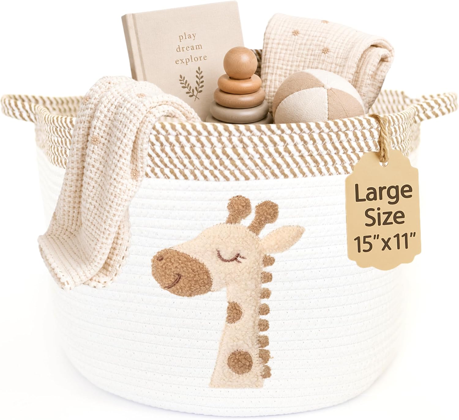 Giraffe Baby Storage Basket, Woven Cotton Rope Nursery Bin, 15x11 in | Stuffed Animal and Blanket Storage, Soft Felt Giraffe Patch, Safari Nursery Decor, Baby Shower, Kids Playroom Organizer
